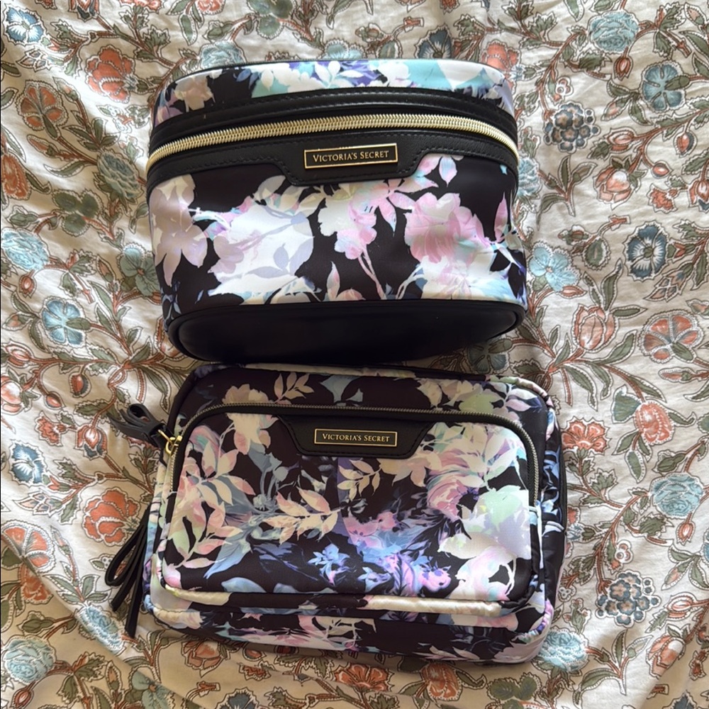 Victoria's Secret Black and Purple Cosmetic Bag Set with Floral Design